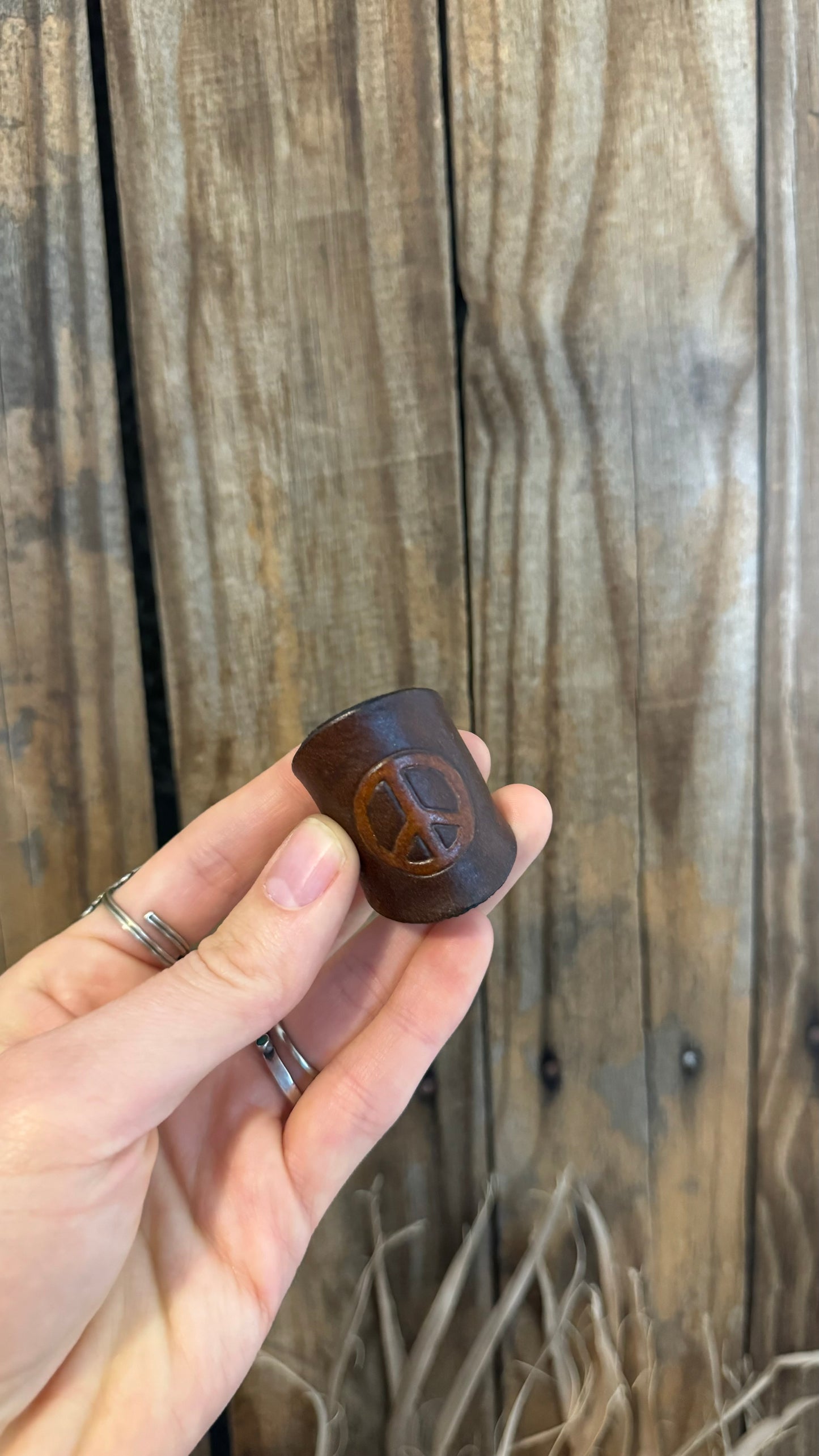 Leather Handcrafted Bolo Slide - Peace Sign