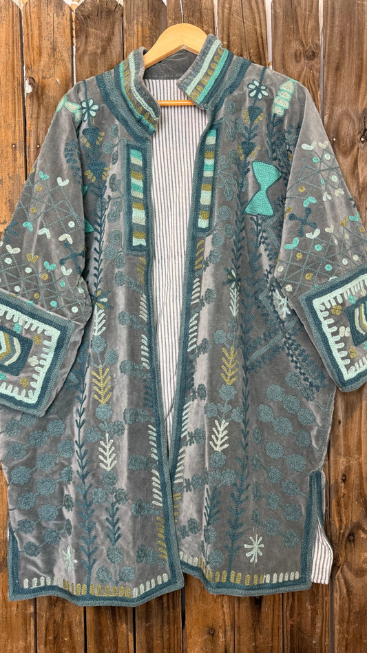 Velvet Embroidered Artisan Coat 001 (Blue)