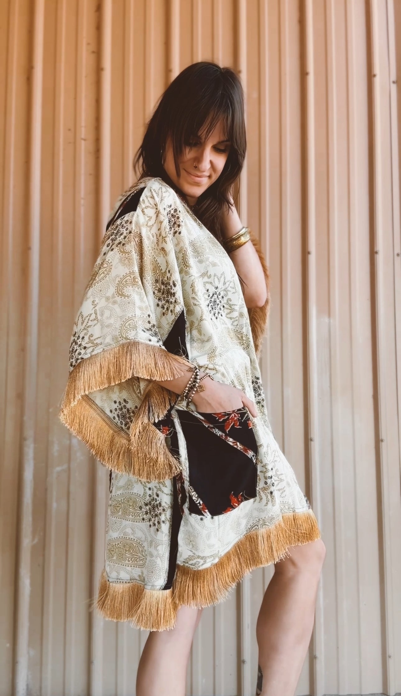 Fringe High-Low Silk Kimono 001