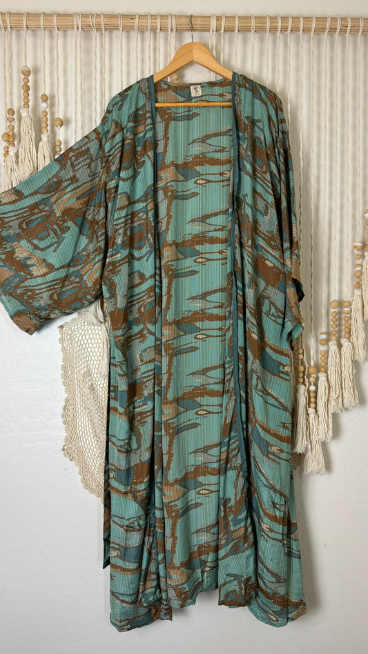 Sage Sari Silk Kimono (Long) 014